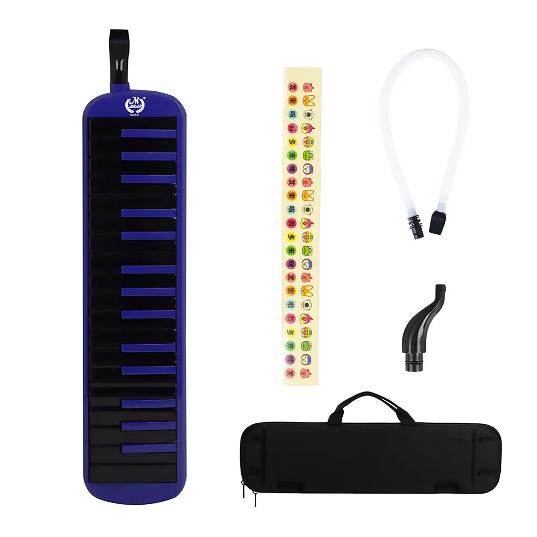 A black 32-key melodica instrument with a protective case and individual mouthpieces displayed vertically.