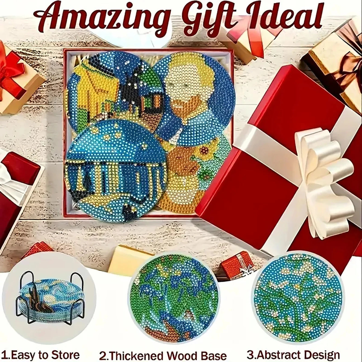 A set of diamond painting coasters featuring abstract designs on a thickened wood base and held by a metal holder.