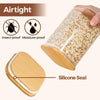 A glass storage canister with a bamboo lid showing an airtight silicone seal and insect-proof moisture-proof features.