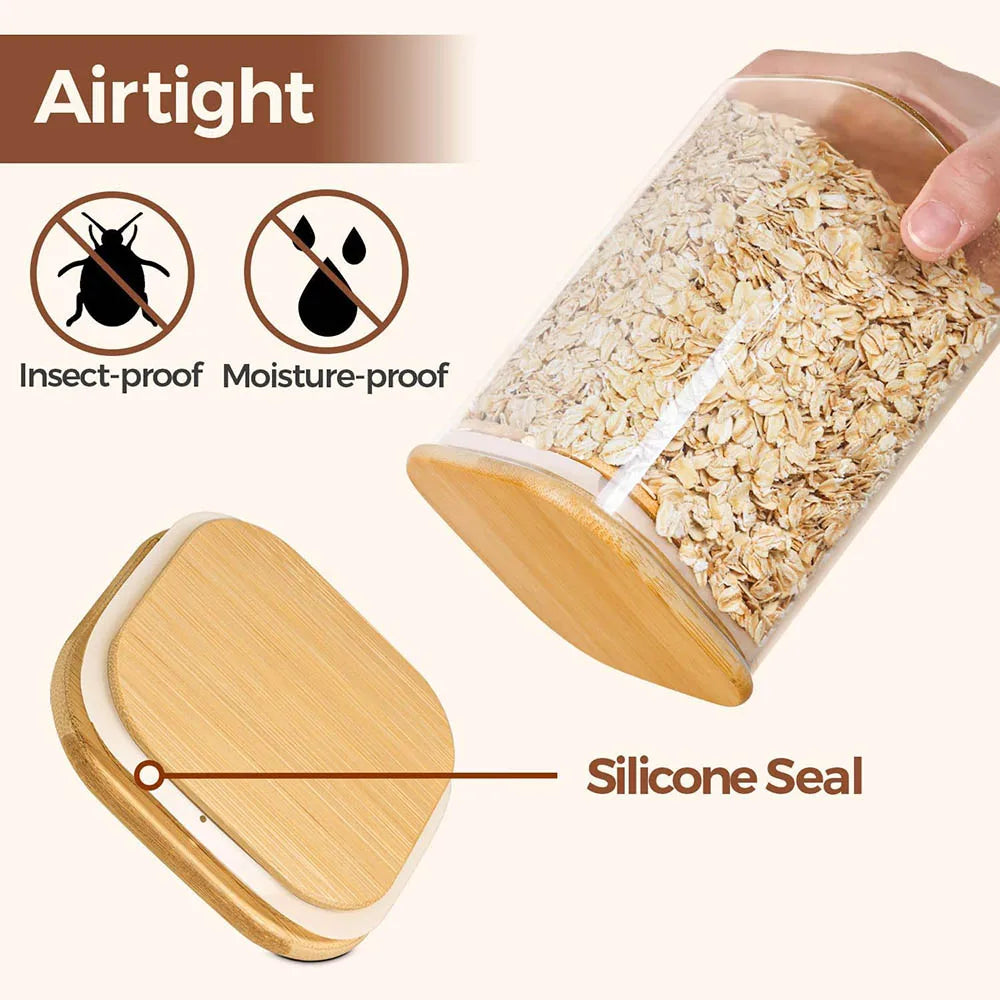 A glass storage canister with a bamboo lid showing an airtight silicone seal and insect-proof moisture-proof features.