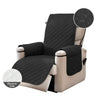 A black waterproof non-slip recliner sofa cover with side pockets shown in a beige fabric.