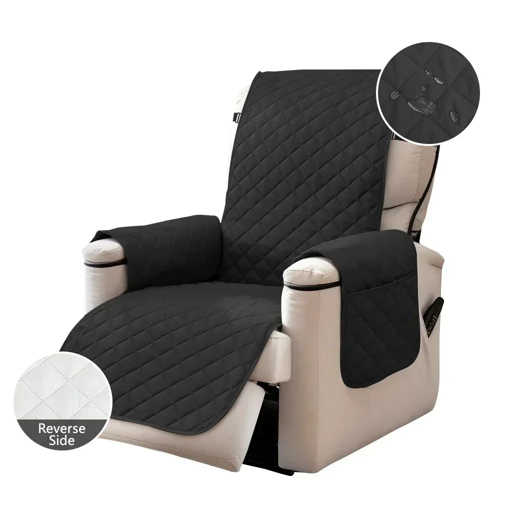 A black waterproof non-slip recliner sofa cover with side pockets shown in a beige fabric.