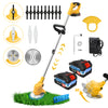 A collection of tools including a yellow electric lawn mower, trimmer, battery, and various attachments for yard work.