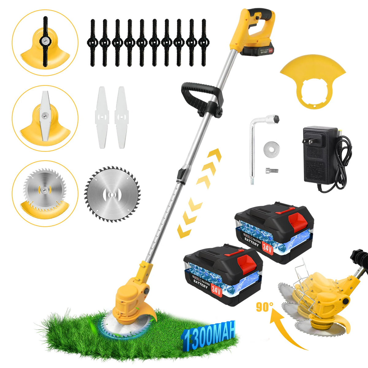 A collection of tools including a yellow electric lawn mower, trimmer, battery, and various attachments for yard work.