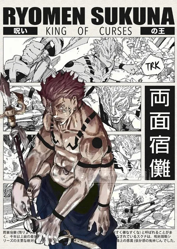 A manga style illustration of Ryomen Sukuna, the King of Curses, featuring intense facial expressions and detailed anatomy.