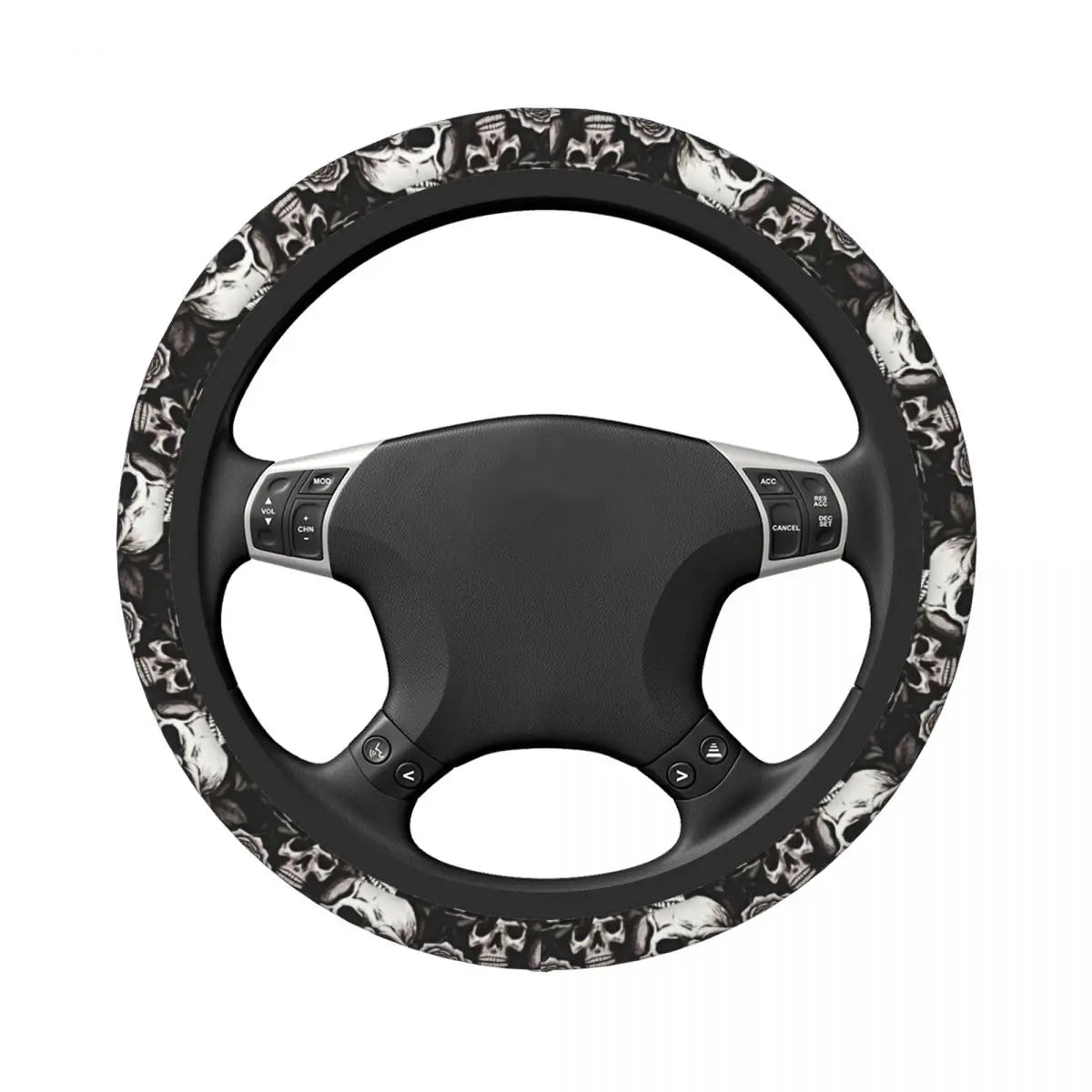 Black steering wheel cover with a skull design and anti-slip grip.