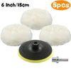 Five pieces of white wool car polishing pads with backing pads and a drill adapter
