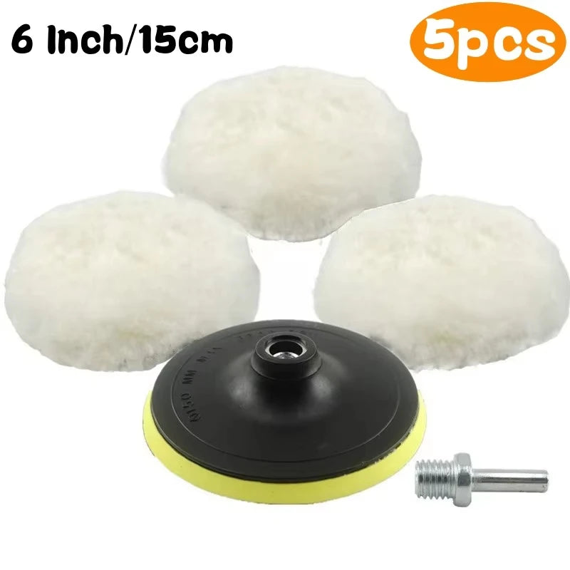 Five pieces of white wool car polishing pads with backing pads and a drill adapter