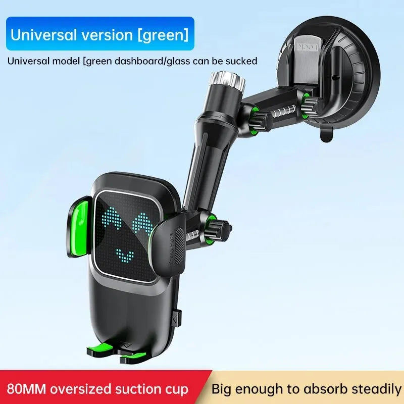 Sujetador universal verde con ventosa para montaje de teléfono en coche, con abrazadera y mecanismo de fijación negro