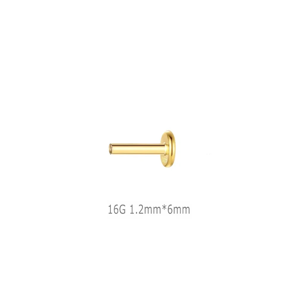 A gold-colored stud earring with a cylindrical post, 16G, 1.2mm x 6mm.