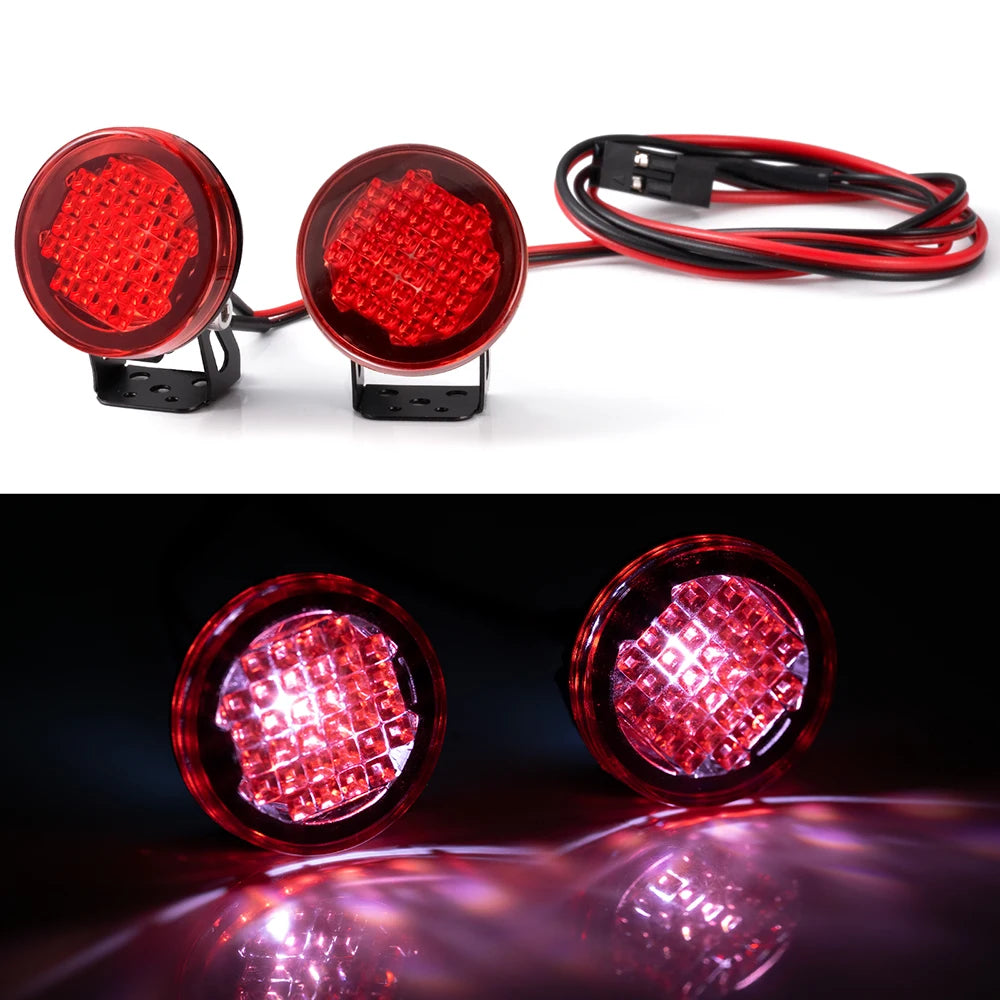 A set of red LED headlights and spotlights for RC crawler trucks, shown in both assembled and close-up views.