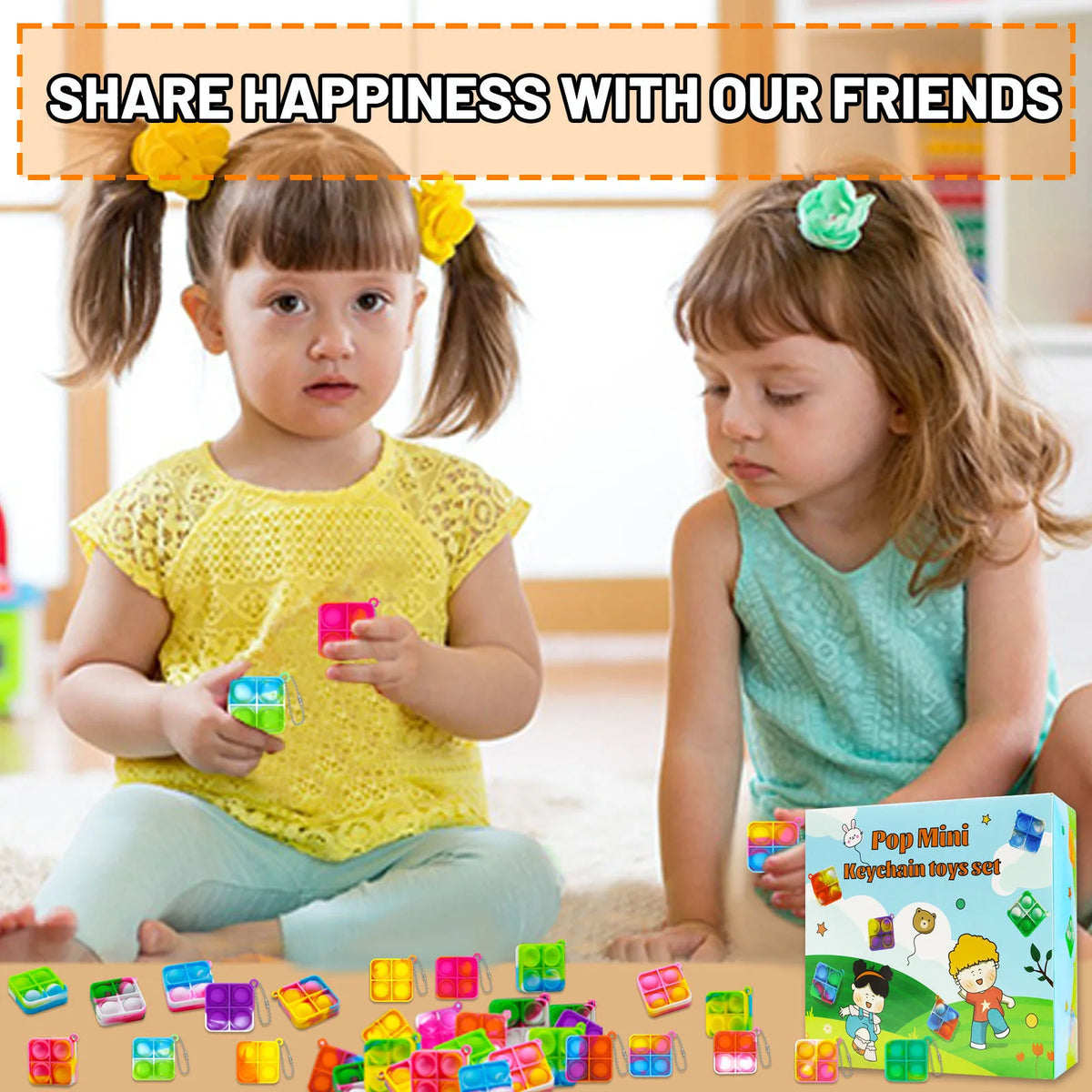 A collection of colorful mini pop keychain fidget toys scattered on a surface with two young children looking at them.