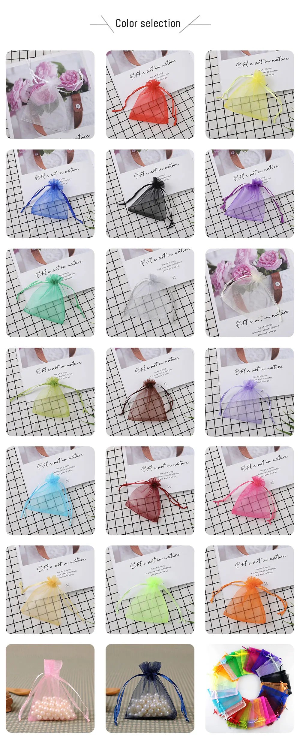 A collection of 10 color-coordinated organza drawstring jewelry gift bags in various shades of pink, yellow, green, and purpl