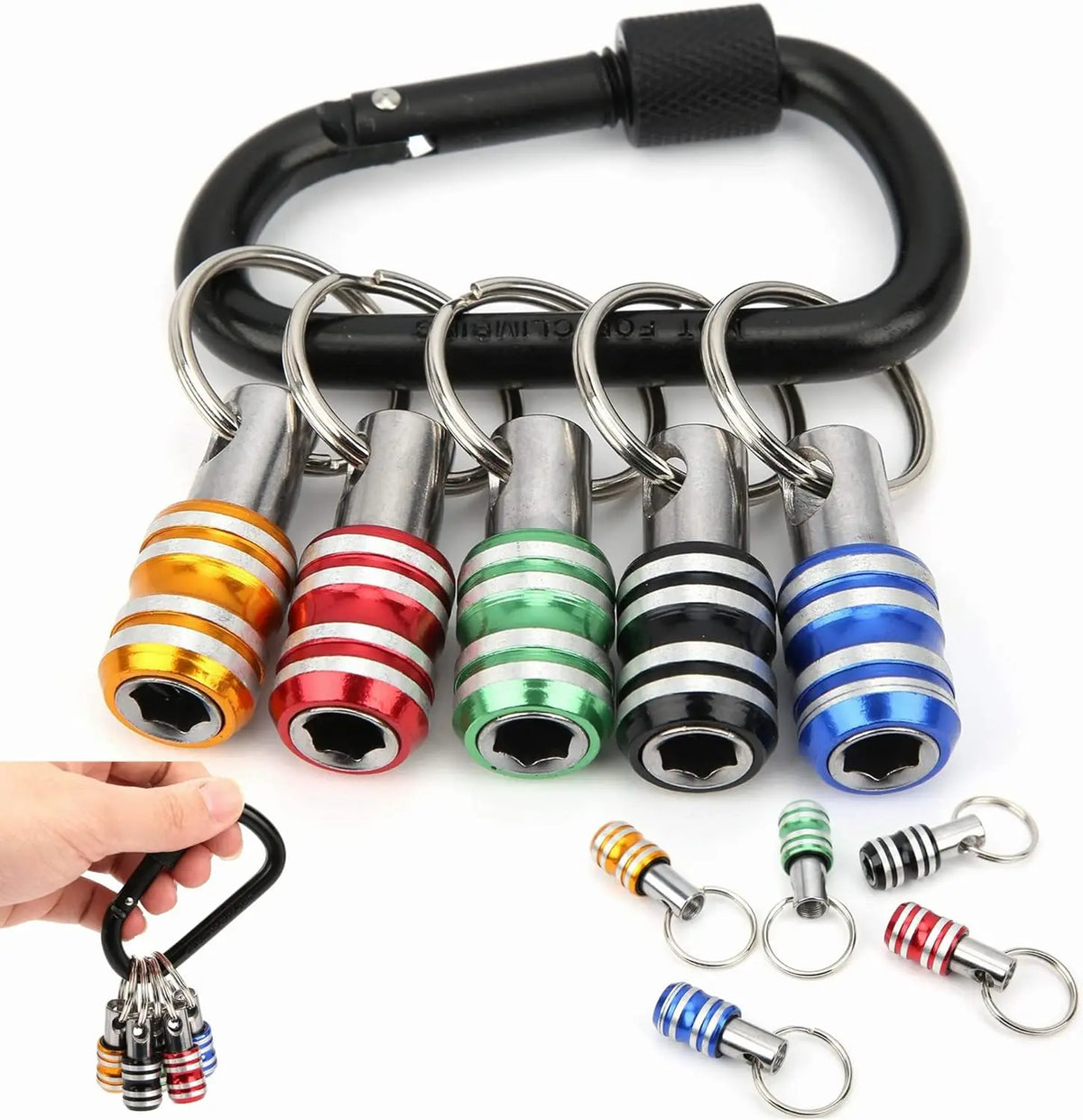 A black magnetic hex bit holder keychain with a quick-release chuck and various sized bits.