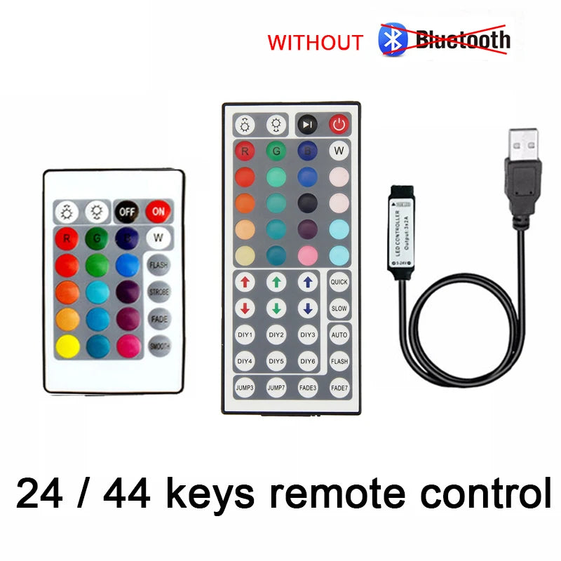 An infrared remote control for a USB Bluetooth RGB LED strip controller with 24 or 44 keys.