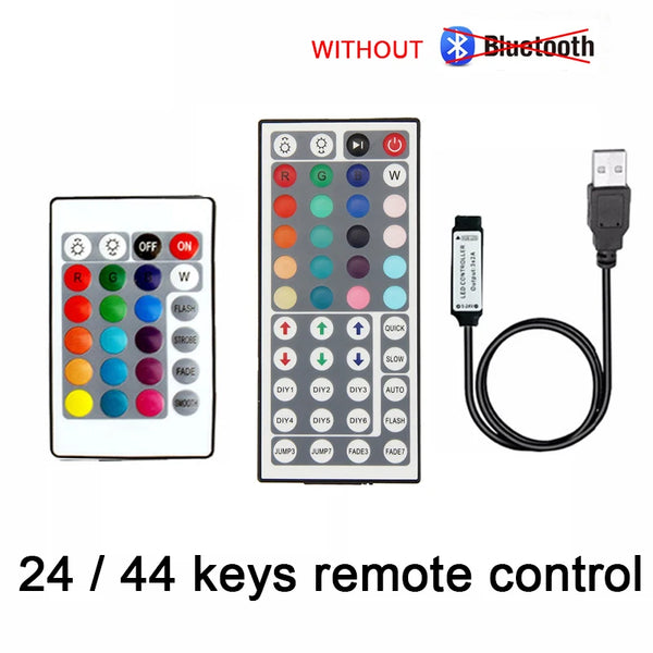 An infrared remote control for a USB Bluetooth RGB LED strip controller with 24 or 44 keys.
