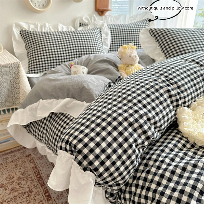 Red and Black Plaid Duvet Cover Set with Lace Embroidery