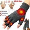 Gray compression arthritis gloves designed to keep warm, reduce swelling, and relieve pain.