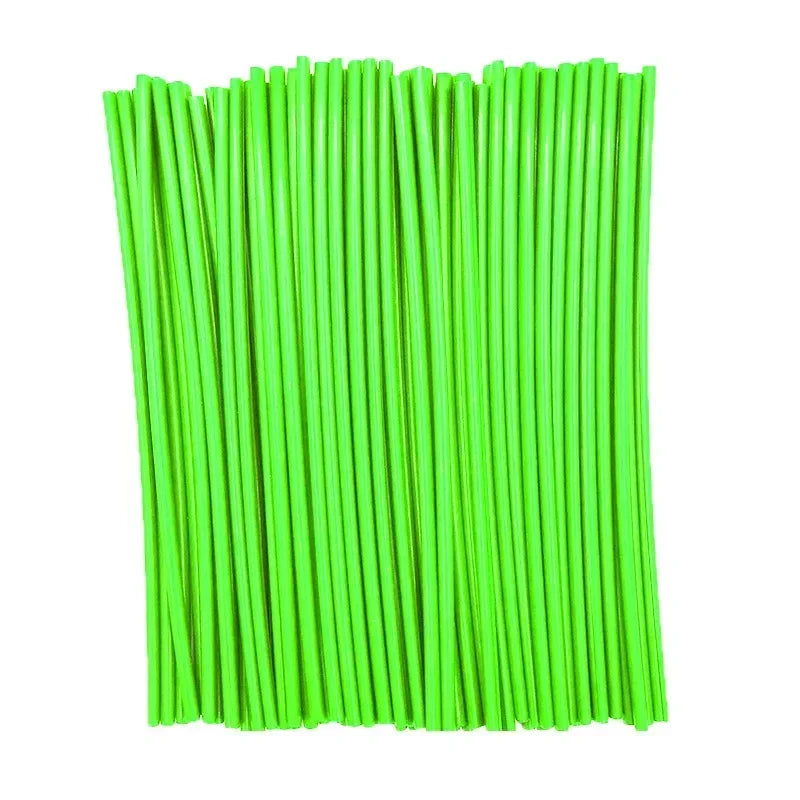 A bundle of bright green motorcycle wheel spoke cover wraps.