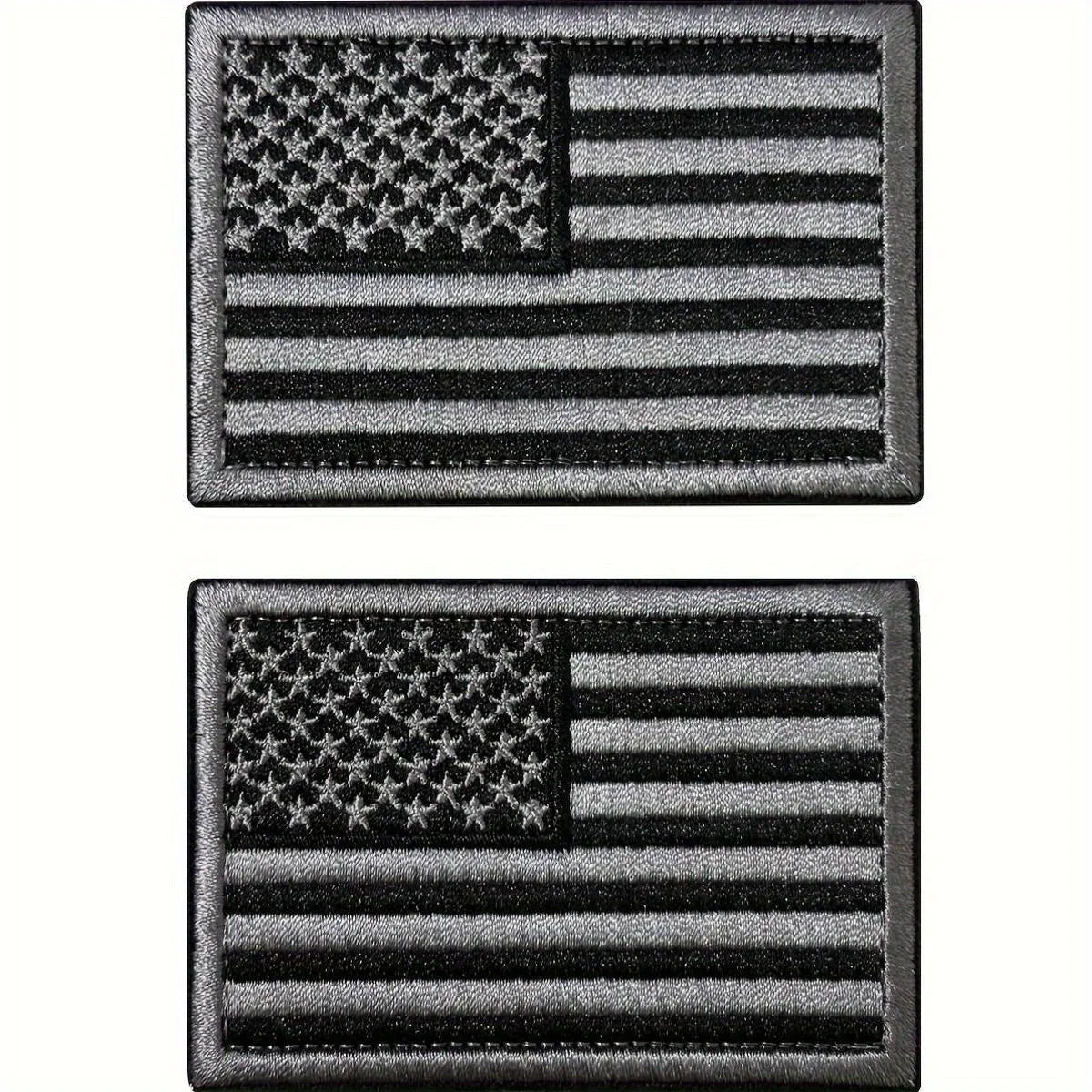 A set of two embroidered American flag patches in tactical black and army green thread.
