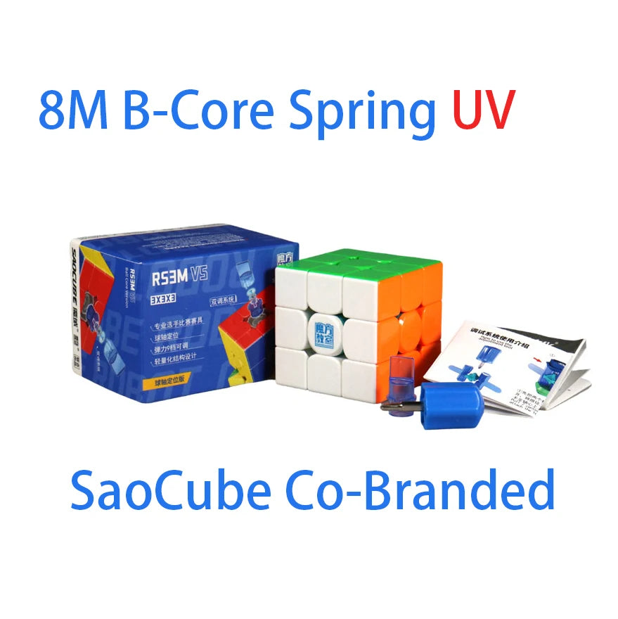 A box of an 8M B-Core Spring UV cube and a green plastic cube are shown with accompanying documentation.
