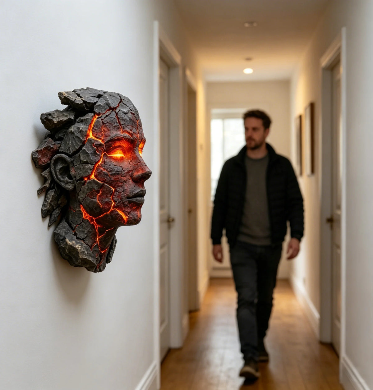 A dark, cracked stone sculpture resembling a human head with glowing orange internal light mounted on a white wall.