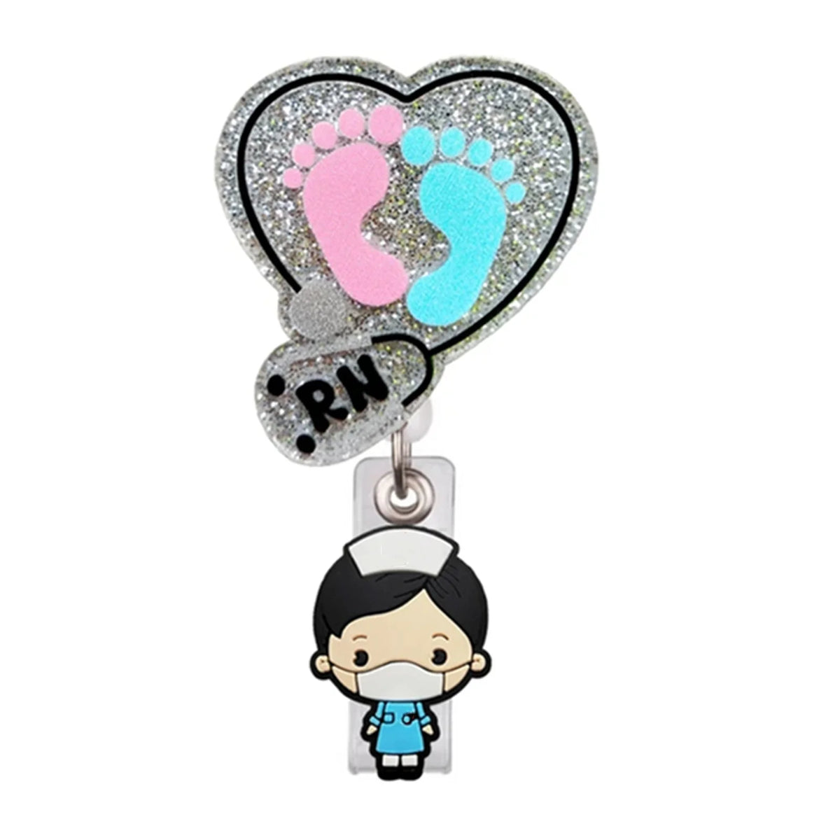 Heart Shape Glitter Acrylic Retractable Badge Reel with Crocodile Clip