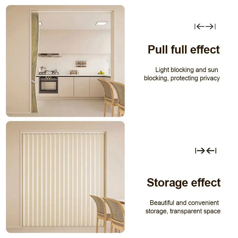 Two images showing the pull full effect and storage effect of an anti-mildew door curtain.