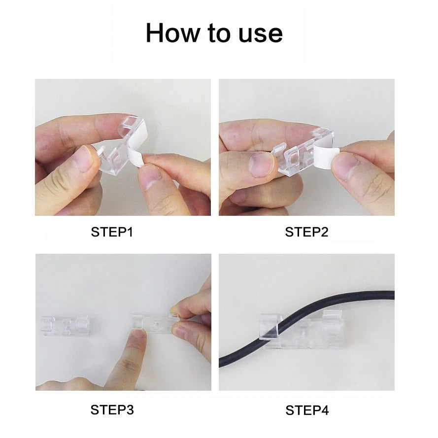 Instructions showing how to use desktop cable management clips in four steps