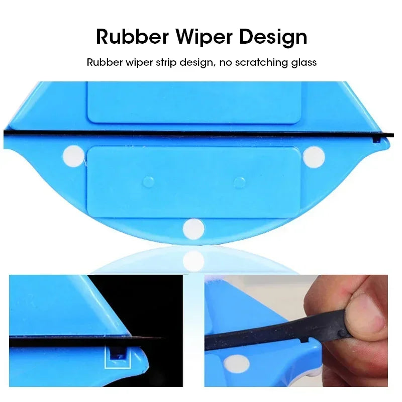 Blue rubber wiper strip design for cleaning glass, shown in close-up views.