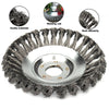 A close-up view of a heavy-duty steel wire wheel brush with multiple bristles, designed for cleaning lawn mowers and trimmers