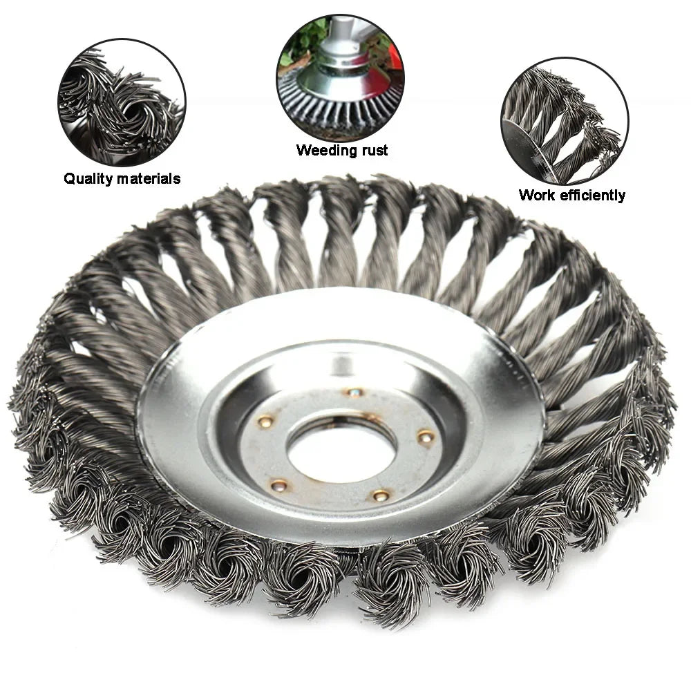 A close-up view of a heavy-duty steel wire wheel brush with multiple bristles, designed for cleaning lawn mowers and trimmers