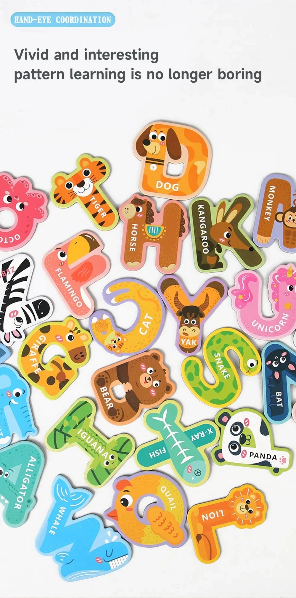 A collection of large magnetic alphabet and animal stickers featuring various animals like dog, monkey, unicorn, and dinosaur