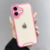 A hand holds a clear phone case with neon pink trim and glow-in-the-dark features for an iPhone.