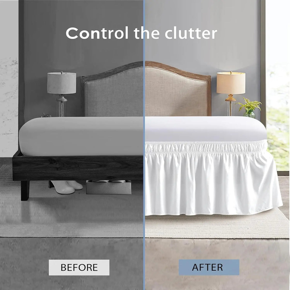 Comparaison avant/après d'une jupe de lit élastique anti-poussière installée sur un lit.
