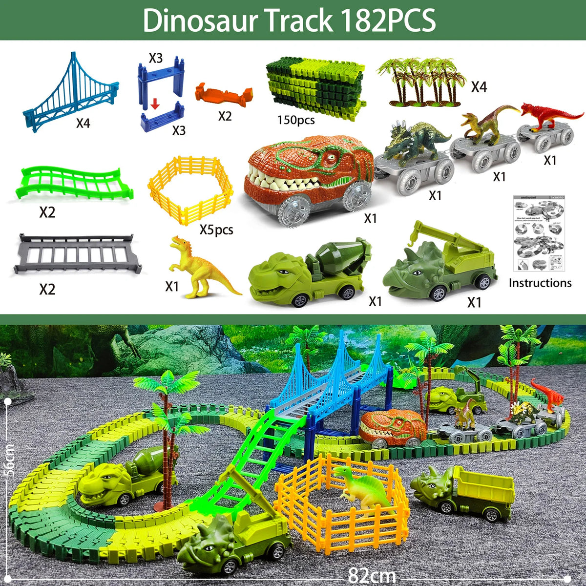 A set of dinosaur track and climbing race track toys made of plastic pieces for children
