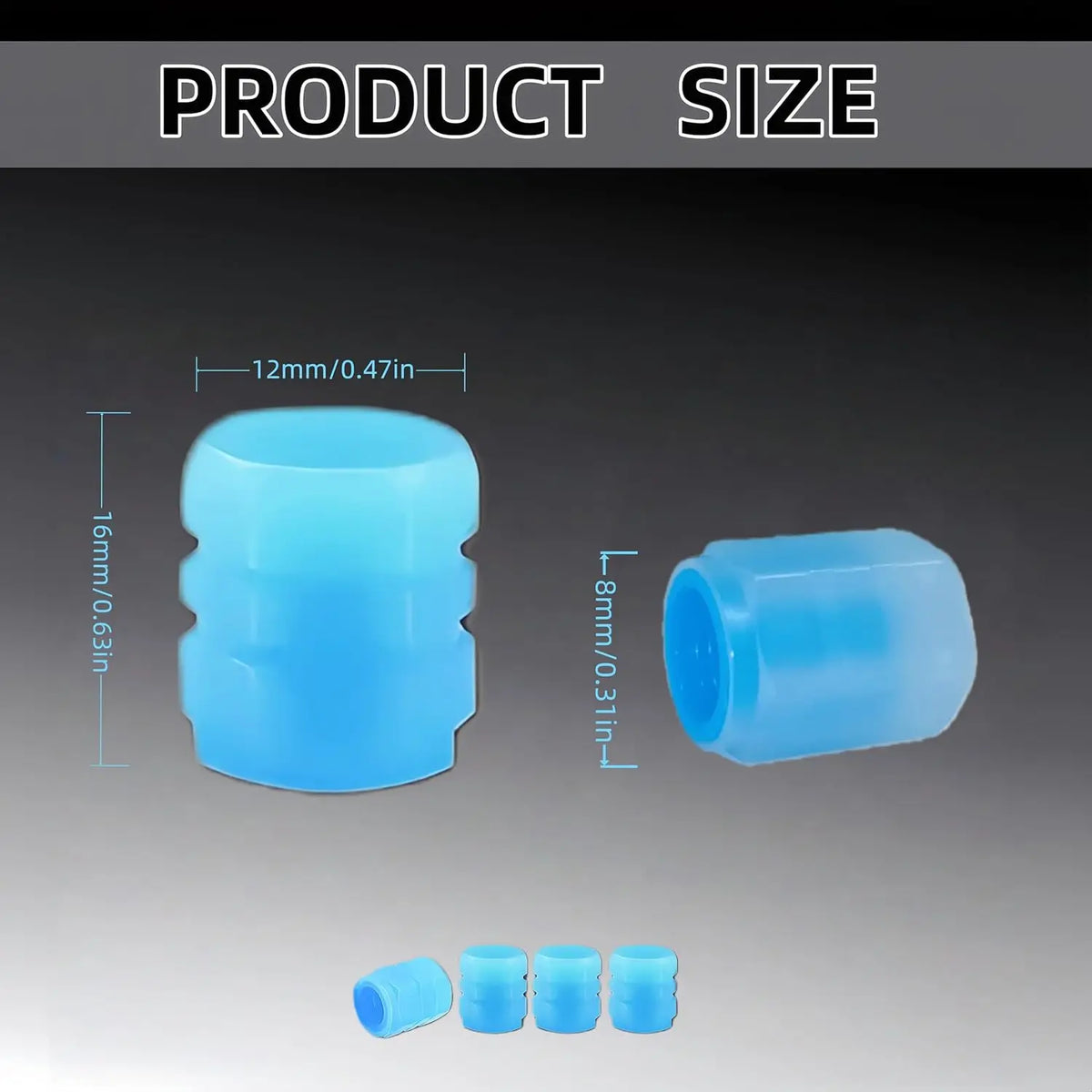 A set of ten light blue glow-in-the-dark tire valve caps shown with dimension lines.