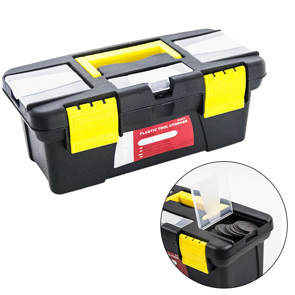 A black plastic toolbox with yellow latches and a clear lid, shown next to an inset view.
