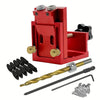 A red adjustable pocket hole jig kit for woodworking, including a jig and various woodworking bits.