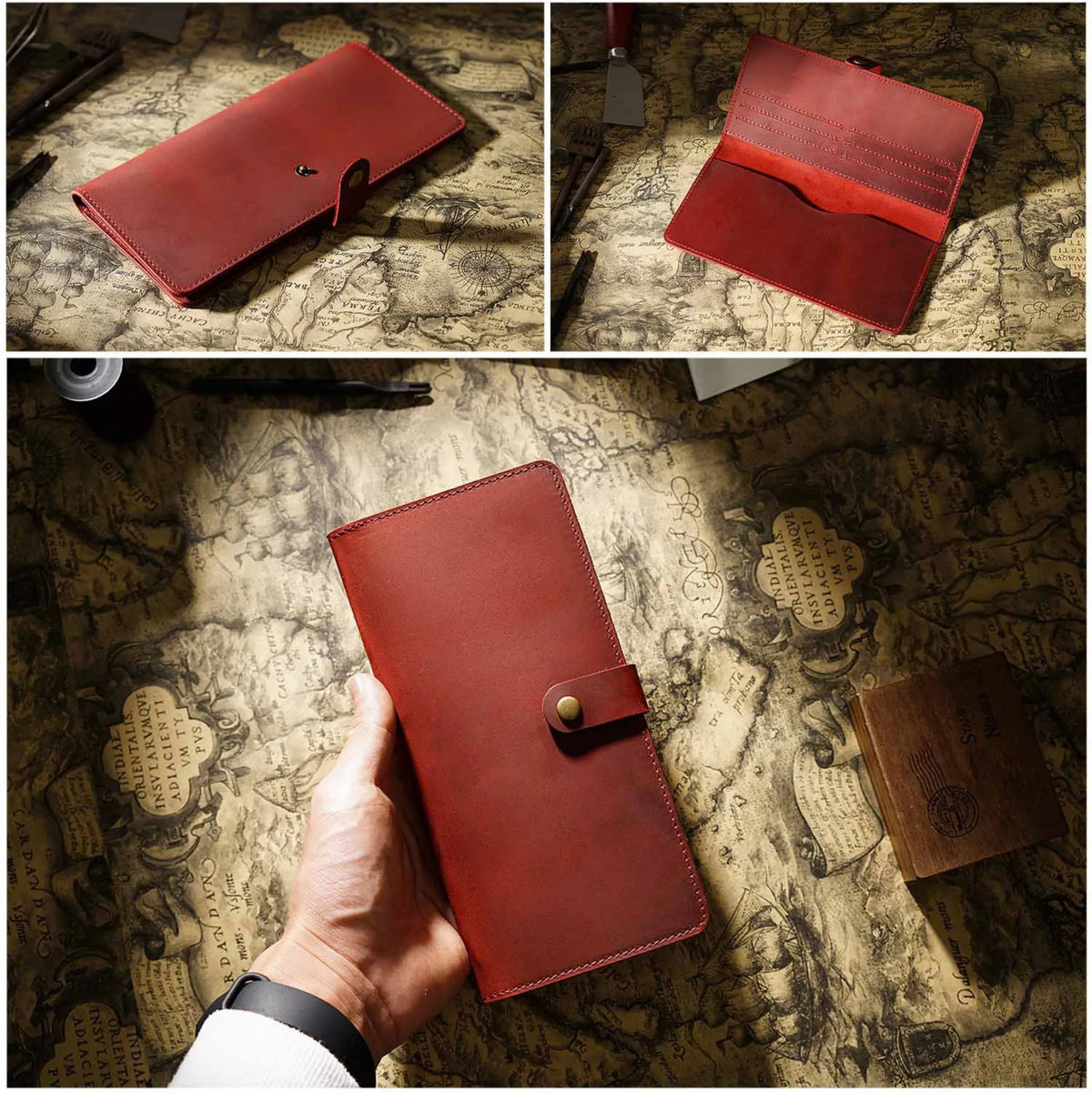 Vintage Leather Long Bifold Wallet with Snap Closure