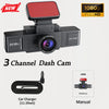A black 3-channel dash cam device with a front camera, car charger cable, and manual.