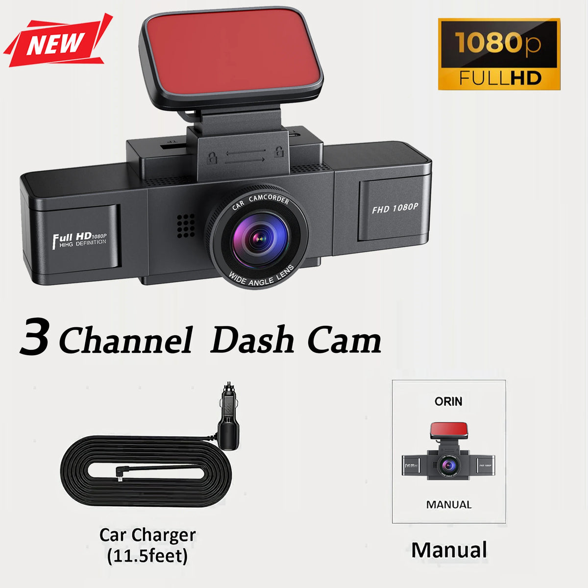 A black 3-channel dash cam device with a front camera, car charger cable, and manual.