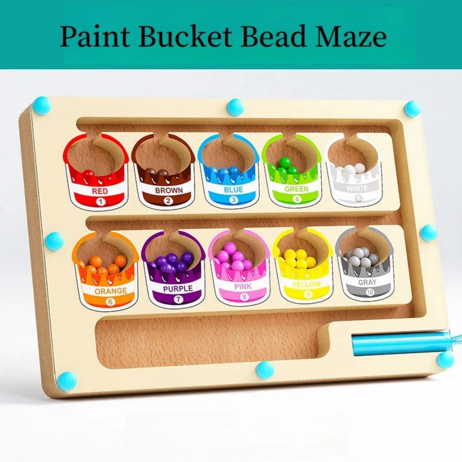 A wooden paint bucket bead maze board with ten colored buckets for sorting and learning