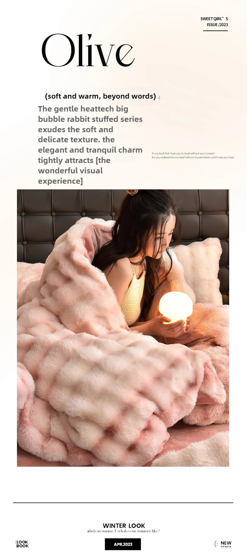 A woman is wrapped in a fluffy pink faux fur blanket indoors.