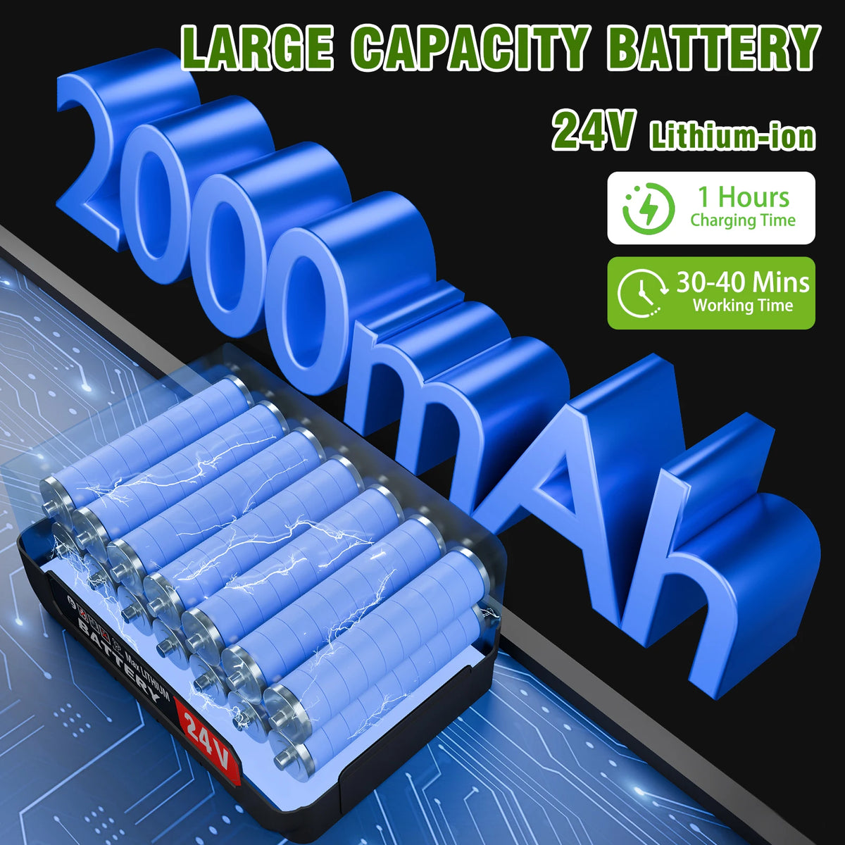 A large capacity 24V Lithium-ion battery pack for a cordless electric lawn mower and string trimmer.