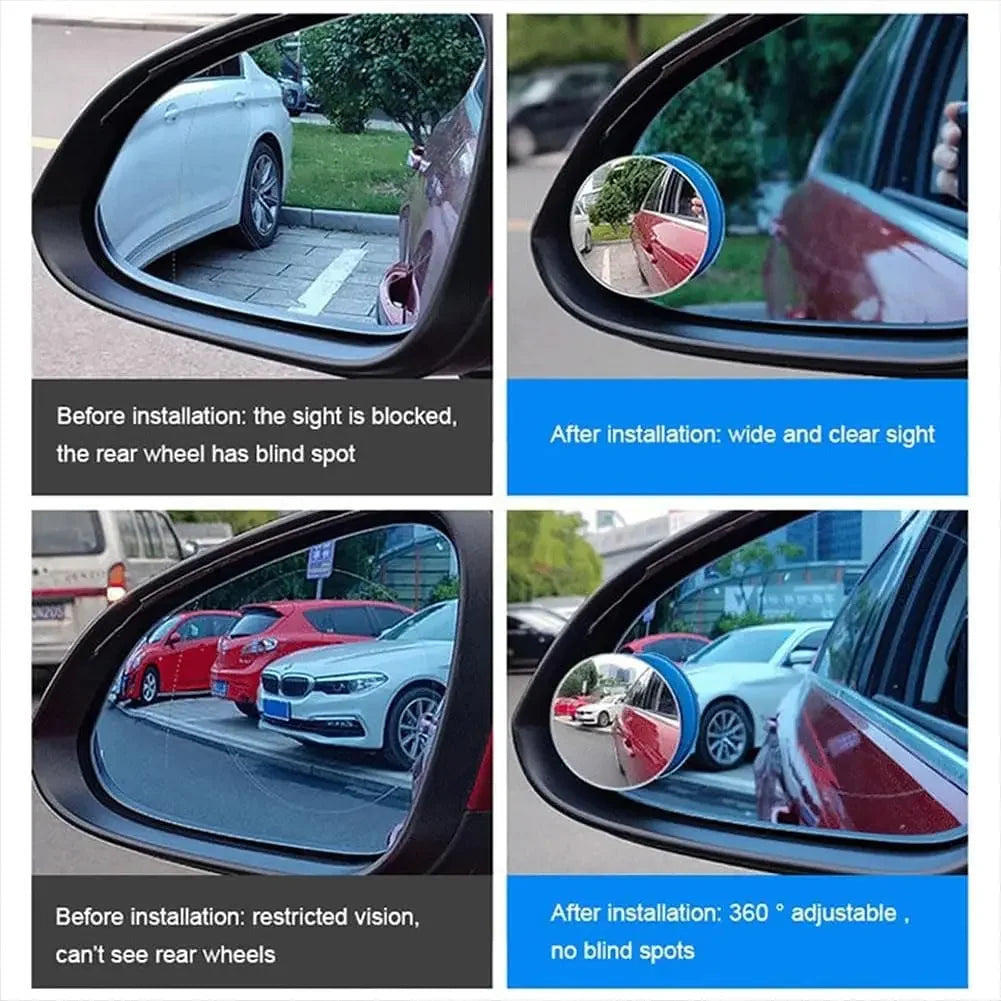 Before and after images showing the improvement of blind spot visibility with wide angle 360 degree adjustable car mirrors