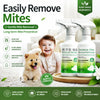 A bottle of Gardenia Mite-Removing Spray is shown next to a smiling baby and a dog, emphasizing mite removal and prevention.