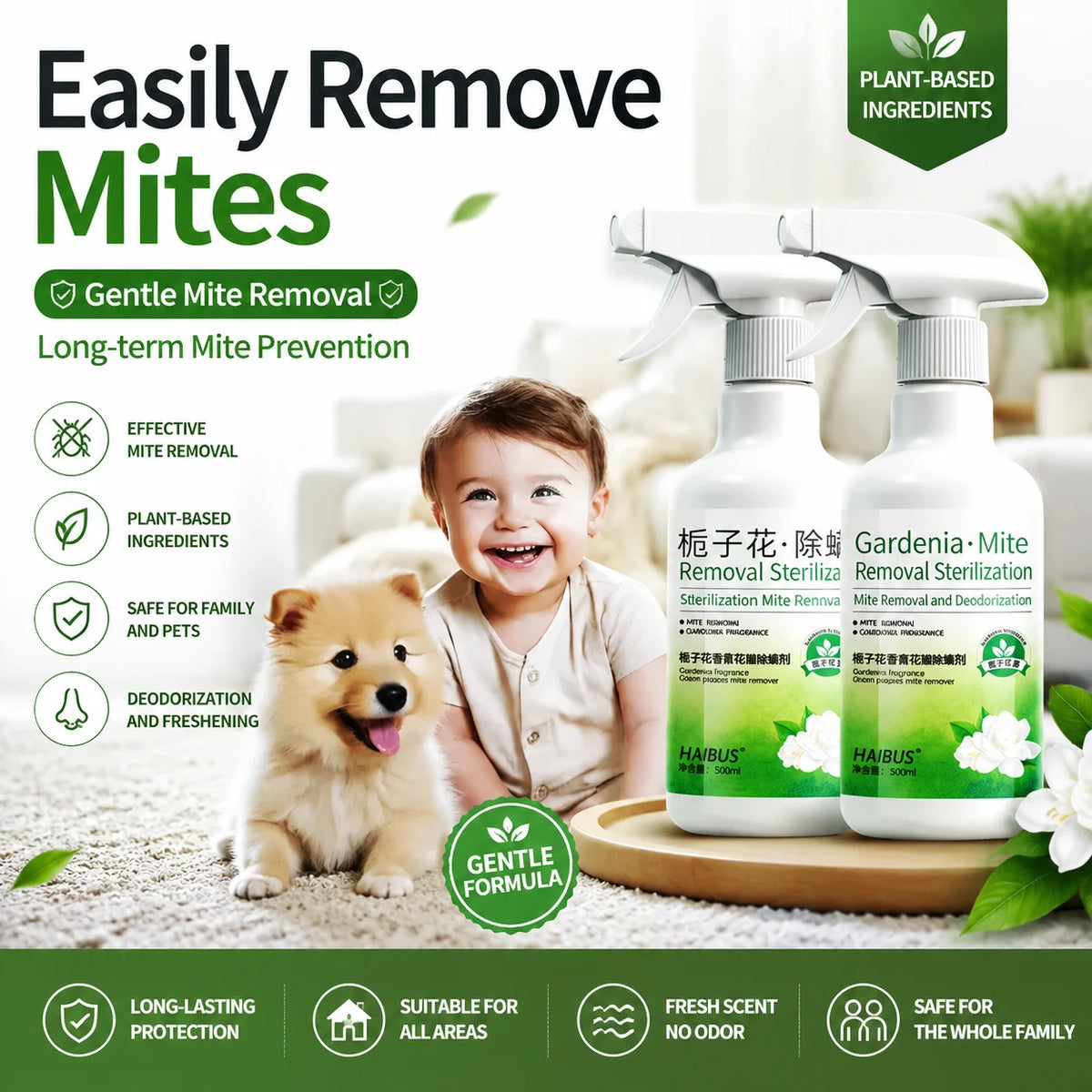 A bottle of Gardenia Mite-Removing Spray is shown next to a smiling baby and a dog, emphasizing mite removal and prevention.