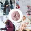 A pink plush rabbit hot water bottle with a soft flannel cover shown in various contexts.