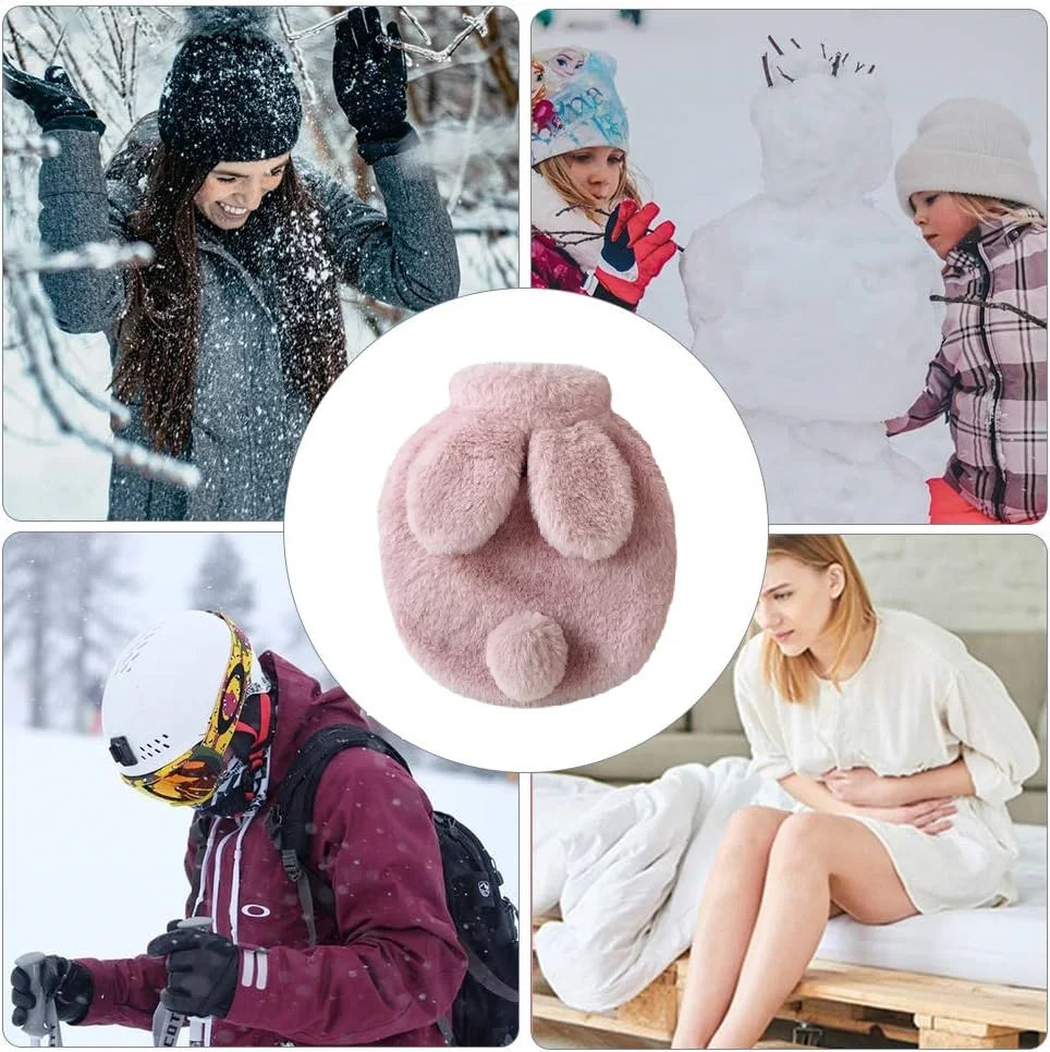 A pink plush rabbit hot water bottle with a soft flannel cover shown in various contexts.